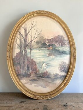 Vintage 1983 Homco Framed Print by Frank Massa Watercolor w/ Cottage Swan Trees